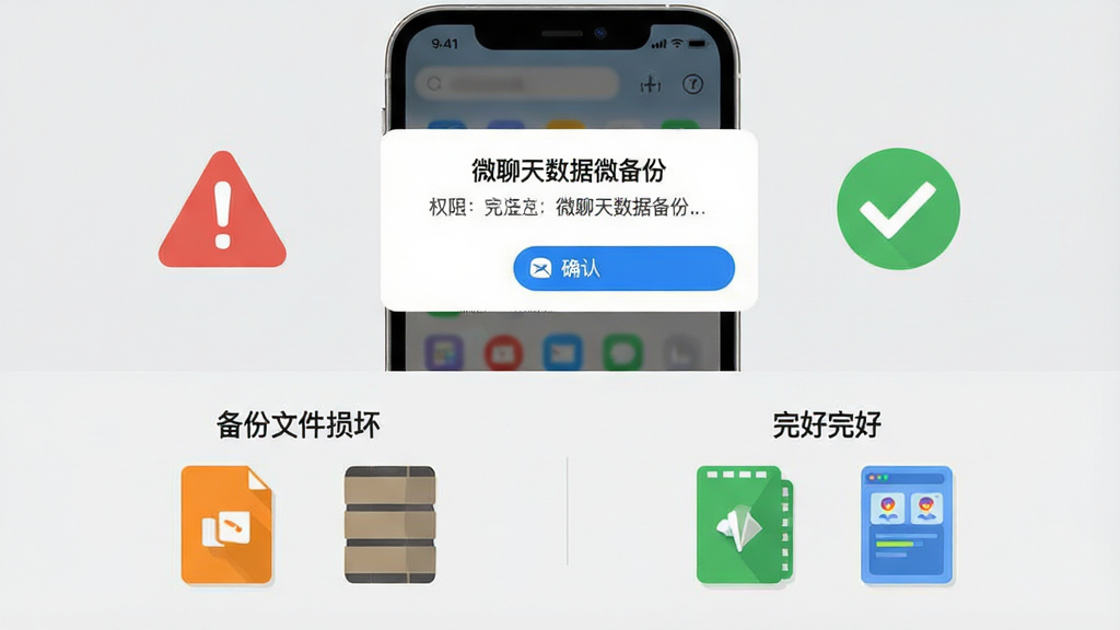画面展示一部手机屏幕弹出权限请求对话框,旁边有红色警示图标与绿色对勾图标形成对比,下方排列备份文件损坏与完好的对比示意,布局为上下分层构图,排版清晰直观,风格为信息图表插画,细节包含橙色警示色与蓝色确认色、扁平化图标、浅灰背景,画质干净无杂乱元素,画面中文字标注“微聊天数据微备份”