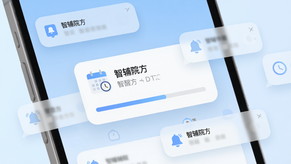 画面主体是一部手机屏幕特写,屏幕中央弹出消息提醒卡片,卡片上带有日历与时钟图标,周围环绕若干半透明的通知气泡;整体为清爽扁平风格,配色以浅蓝与白色为主,背景为柔和渐变;细节突出提醒铃铛与进度条元素,画质清晰,画面干净,无多余元素,界面中可出现“智辅院方”字样