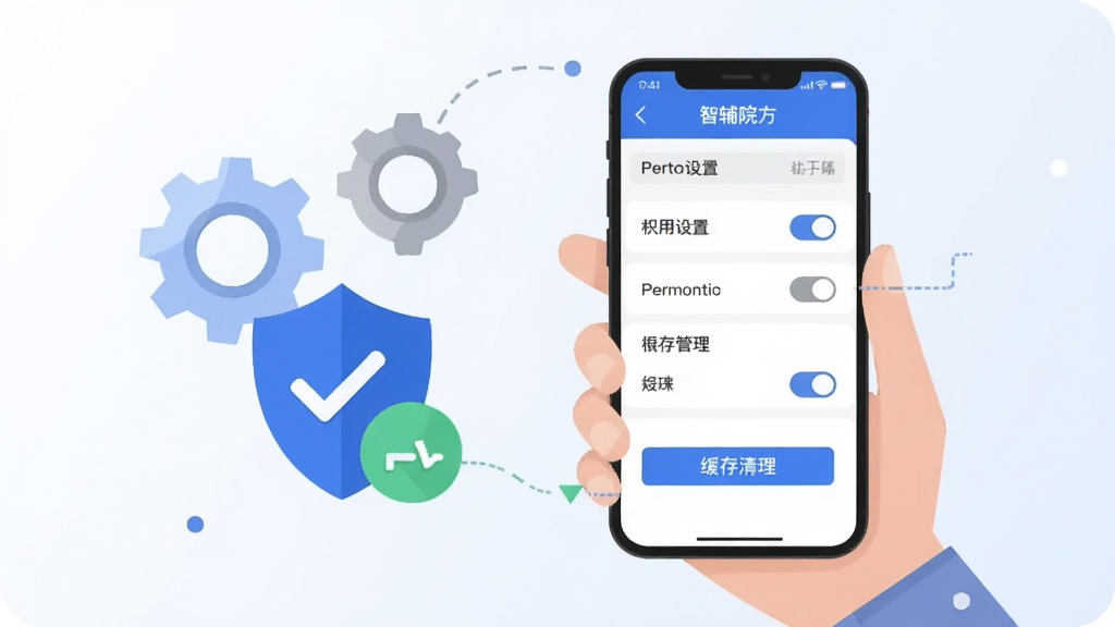 画面主体是一名用户手持手机,手机屏幕显示应用设置与权限管理界面,旁边配有齿轮、盾牌与对勾图标;整体为扁平化说明插画风格,配色以蓝白灰为主,背景为浅色渐变;细节上突出权限开关与缓存清理按钮,画质清晰,画面干净,无多余元素,界面中可出现“智辅院方”字样