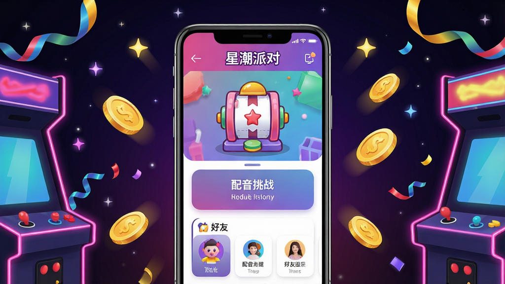 一张展示“星潮派对”手机应用主界面的场景图,画面中央是一部竖屏智能手机,屏幕内显示色彩鲜艳的潮玩派对首页,包含推币机图标、配音挑战入口和好友互动模块,手机周围环绕着电玩城风格的霓虹灯元素、金币和派对彩带,背景为深色渐变并点缀星光,整体风格潮流活泼,画质清晰干净,无多余杂乱元素
