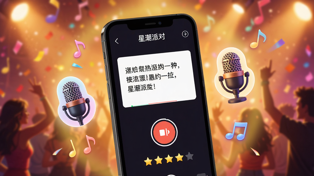 一张“星潮派对”配音互动功能的场景图,画面中手机屏幕显示配音录制界面,有台词文本、录音按钮和评分星级,手机旁边漂浮着麦克风图标和音符元素,背景为派对风格的暖色光晕,整体风格活泼有趣,画质清晰,无多余元素