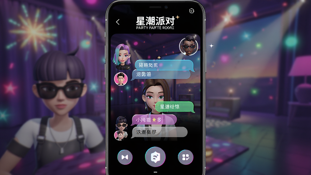 一张“星潮派对”线上派对房间的界面图,画面展示手机屏幕内的多人派对房间场景,有虚拟角色头像、聊天气泡和互动道具按钮,背景为派对灯光效果,风格潮流社交,细节丰富,画质干净清晰