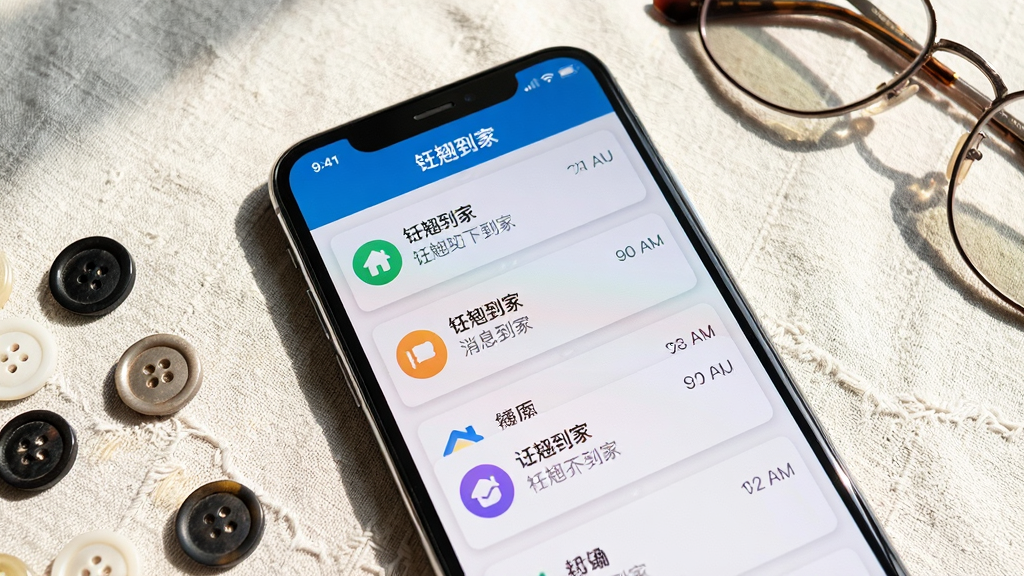 手机屏幕显示消息中心列表,每条消息左侧配有类别图标,右侧为时间戳,顶部标题为“钰翘到家”,界面采用卡片式分隔;手机平放于浅色布面,旁边散落几颗纽扣与眼镜;构图正面微俯视,主体清晰;风格为生活化静物摄影;细节注重卡片阴影与文字可读性;画质明亮干净