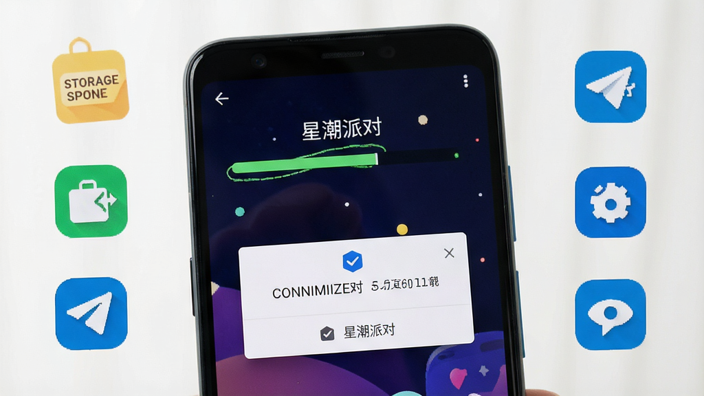 一张展示安卓手机安装“星潮派对”应用过程的场景图,画面中手机屏幕显示安装进度条和权限确认弹窗,旁边有存储空间、网络信号等图标元素,背景简洁明亮,风格清爽实用,画质清晰干净,无多余元素
