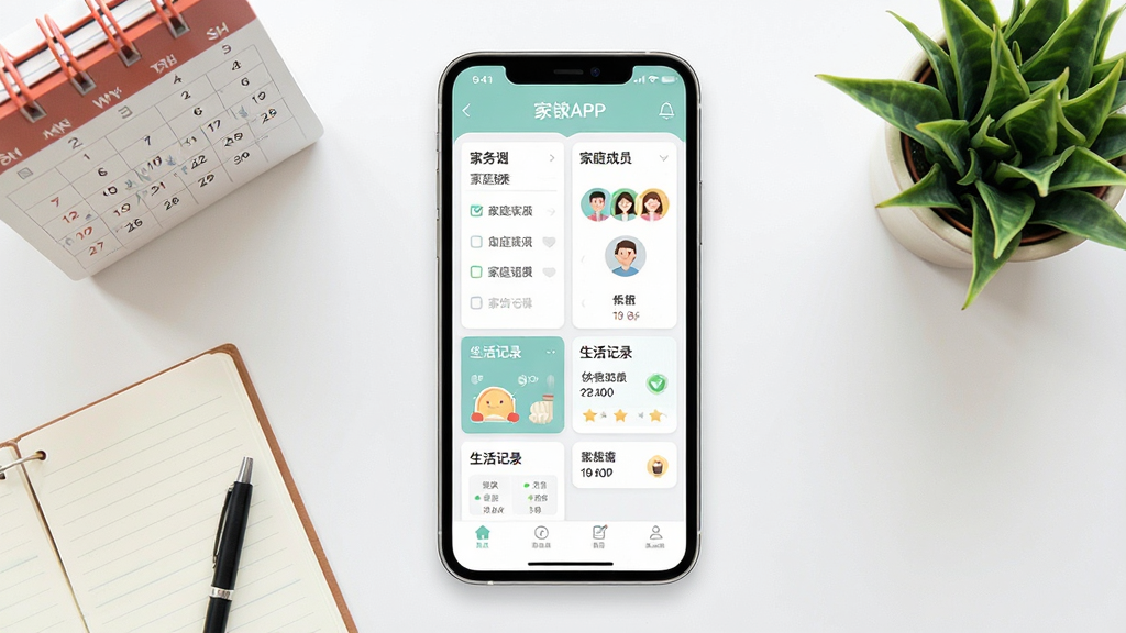 一张展示“家APP”主界面的手机应用截图场景图,画面中央为竖屏手机,屏幕内呈现简洁的家庭生活管理界面,包含家务清单、家庭成员头像、生活记录卡片等模块,手机周围环绕家庭生活元素如日历、记事本、小绿植,整体布局居中对称,风格清新简约,细节丰富,画质清晰,干净无多余元素