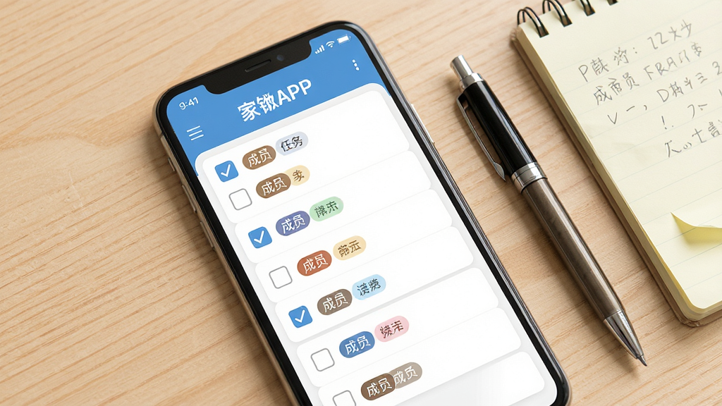 一张“家APP”家庭事务清单功能展示图,画面主体为手机屏幕内清晰的任务清单界面,清单条目带有勾选框与成员标签,手机旁放置一支笔和一本便签,背景为浅色木质桌面,构图采用斜俯视角度,风格温馨实用,细节清晰,画质干净,无多余装饰元素