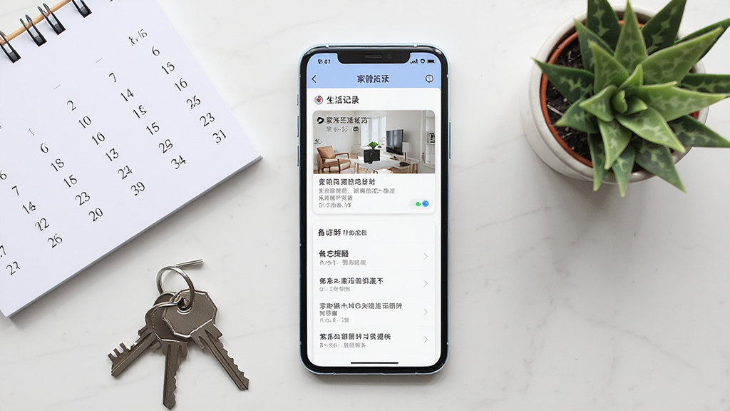 一张“家APP”生活记录与备忘功能场景图,画面中央为手机屏幕展示生活记录卡片与备忘提醒列表,手机旁边摆放日历、钥匙和小盆栽,整体布局为平铺俯拍,风格生活化且整洁,细节表现清晰,画质干净,画面中不出现多余文字元素