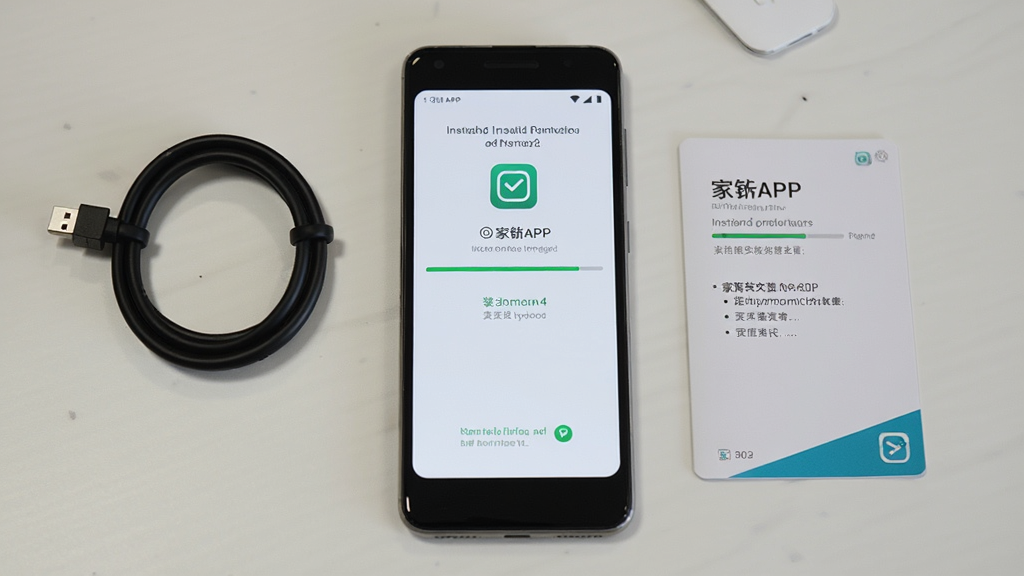 一张展示安卓手机安装“家APP”过程的场景图,画面为手机屏幕显示安装进度界面,旁边放置手机数据线与说明书卡片,背景为简洁桌面,构图清晰直观,风格写实,细节表现安装提示元素,画质干净,无多余杂乱物品