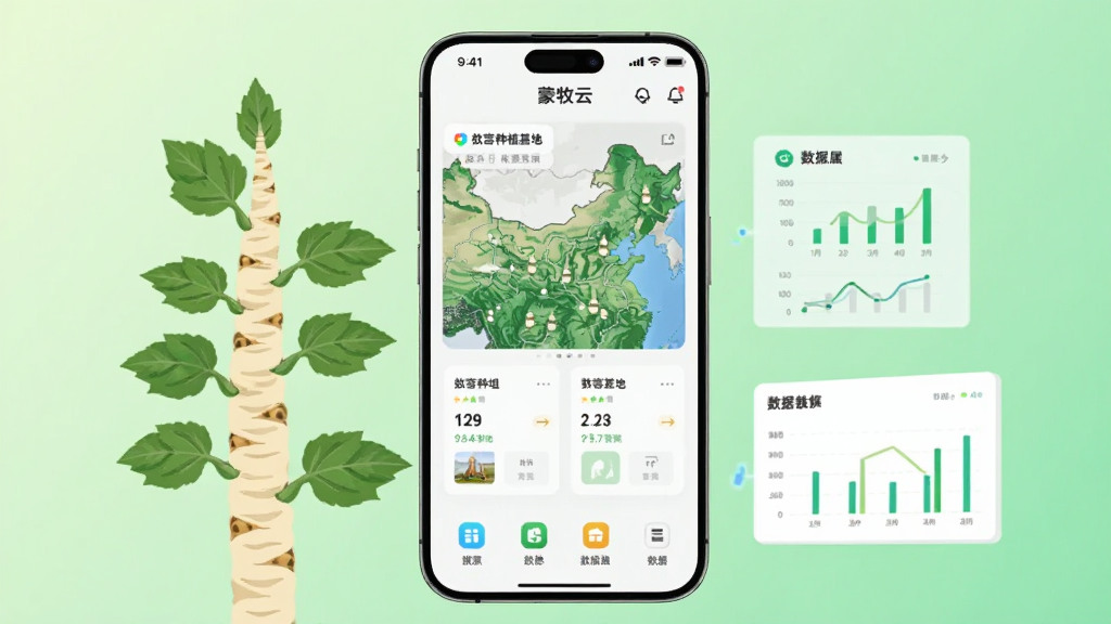 画面中央为一部竖屏智能手机,屏幕内展示蒙牧云软件主界面,界面包含苁蓉种植基地地图、数据卡片与功能图标;手机左右两侧分布苁蓉植株与数据图表元素,背景为浅绿色渐变;整体采用扁平化科技风格,细节干净,画质清晰,无多余元素