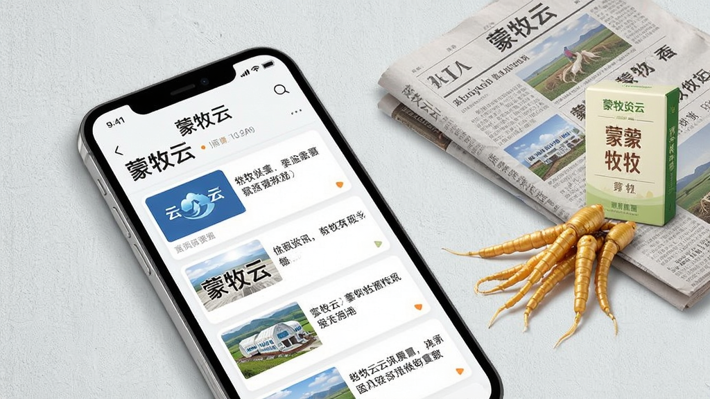 手机屏幕展示蒙牧云资讯列表页面,页面内可见“蒙牧云”字样与资讯卡片,旁边配有报纸与苁蓉产品元素;背景为浅灰质感,排版整齐,风格清爽,画质干净,无多余装饰
