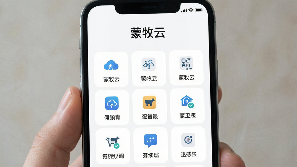 手机屏幕显示蒙牧云首页功能入口网格,图标排列整齐,屏幕上方写有“蒙牧云”;素雅极简风格,白色背景,排版疏朗,细节干净,画质清晰