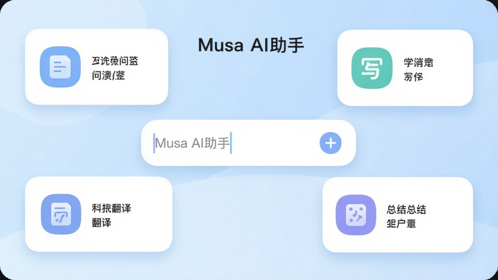 一款名为“Musa AI助手”的手机应用主界面,画面中央是简洁的对话输入框,周围环绕问答、写作、翻译、总结四个功能卡片,背景为浅蓝色渐变,整体布局清爽对称,扁平化UI风格,细节包括圆角图标与柔和阴影,画质清晰干净,无多余装饰元素