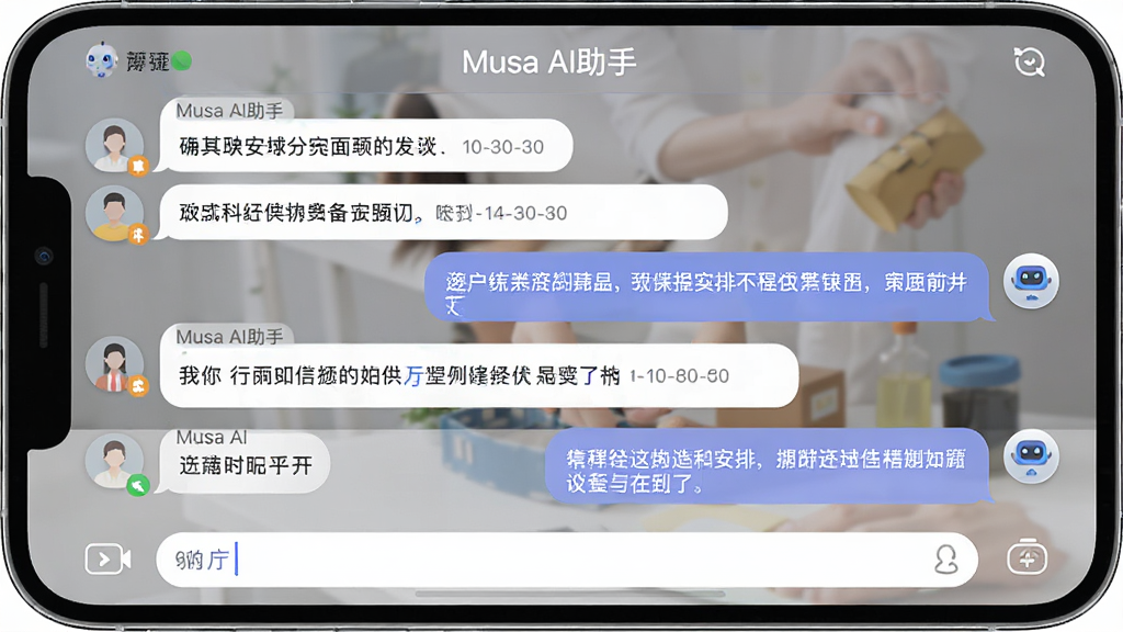 手机屏幕中展示“Musa AI助手”的多轮对话界面,左侧为用户气泡,右侧为助手气泡,对话内容围绕行程安排展开,界面顶部标注“Musa AI助手”字样,布局为竖向聊天流,风格简约现代,细节包含时间戳与输入框,画质清晰干净,无杂乱元素