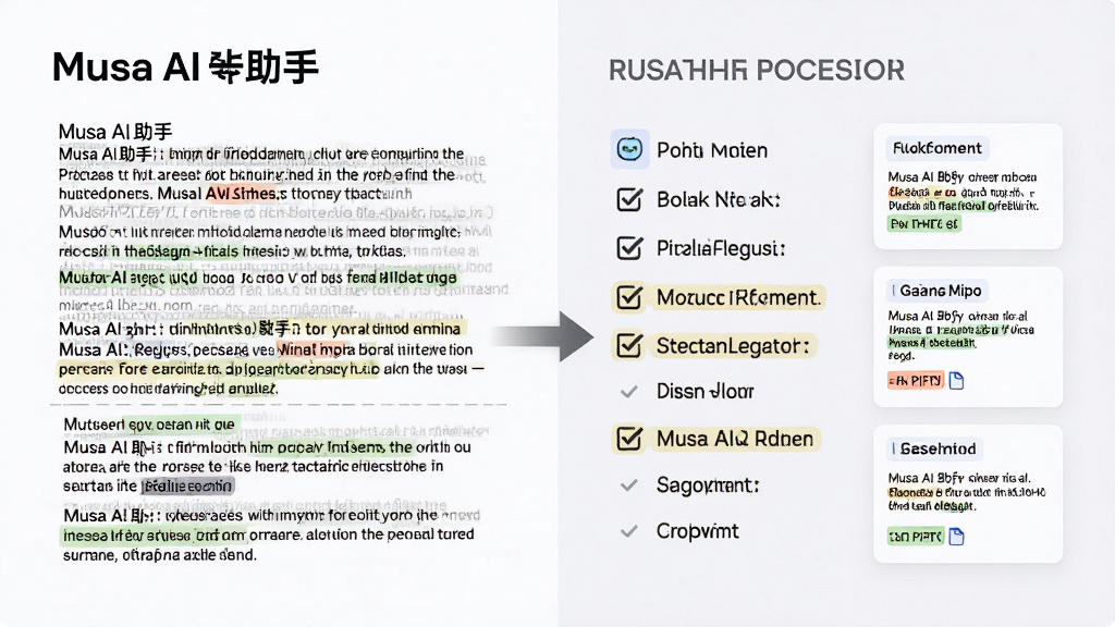一张展示“Musa AI助手”信息归纳能力的示意图,画面左侧是密集的文字段落,右侧是整理后的条目清单与摘要卡片,中间以箭头连接,背景为浅灰白色,布局左右分栏,风格商务简洁,细节包含勾选图标与高亮标记,画质清晰干净,无多余元素