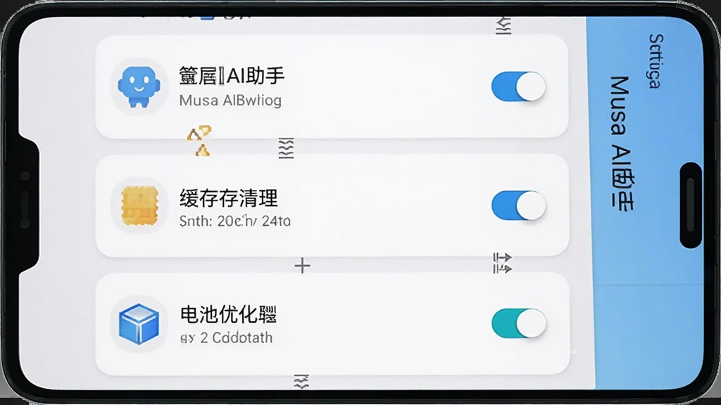 一部安卓手机屏幕显示“Musa AI助手”的设置页面,页面中包含权限管理、缓存清理、电池优化三个选项卡片,界面为浅色主题,布局为纵向列表,风格清新简洁,细节包含开关按钮与图标,画质清晰干净,无多余元素