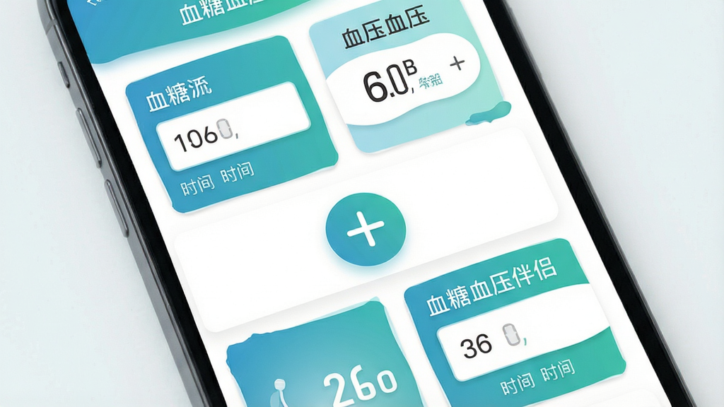 手机应用界面展示血糖和血压两个记录入口,界面采用卡片式布局,蓝绿色调,屏幕中央有加号按钮,风格清爽简约,细节包含数值输入框和时间标签,画质高清干净,画面中带有“血糖血压伴侣”字样