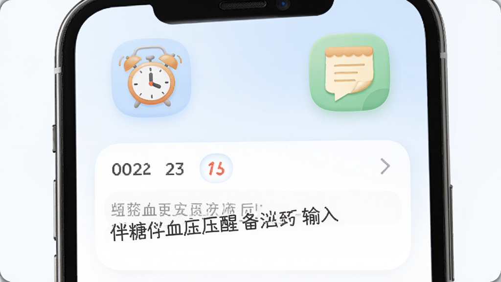 手机界面展示日历提醒和备注输入框,画面中有闹钟图标和便签图标,布局为上下分栏,风格柔和圆角,细节包含日期标记和文字备注栏,画质清晰干净,画面中带有“血糖血压伴侣”文字