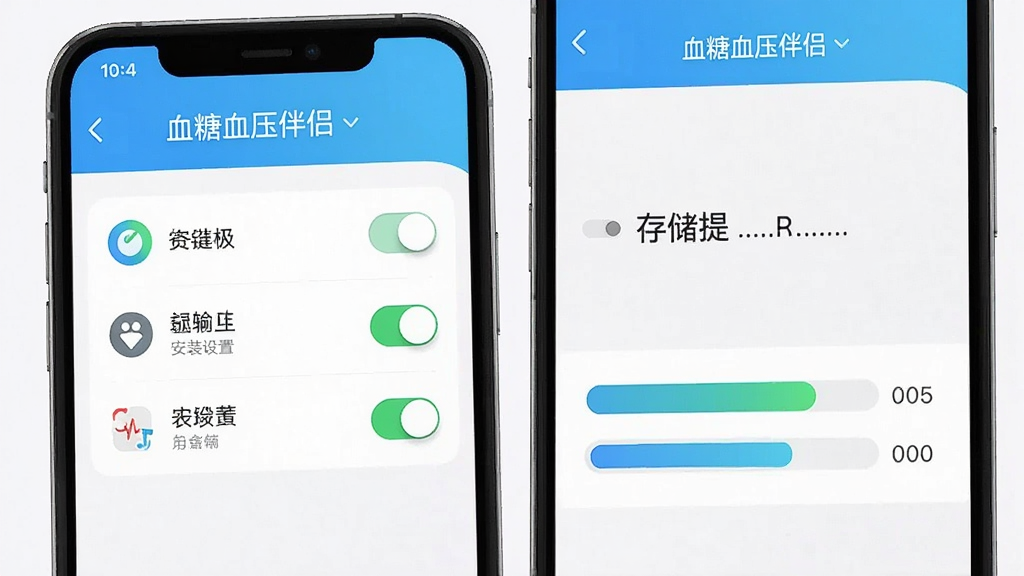 手机屏幕展示安装权限设置界面和存储空间提示,画面中有权限开关和存储条,布局为竖向排列,风格简洁明快,细节包含权限图标和提示文字,画质清晰干净,画面中带有“血糖血压伴侣”字样