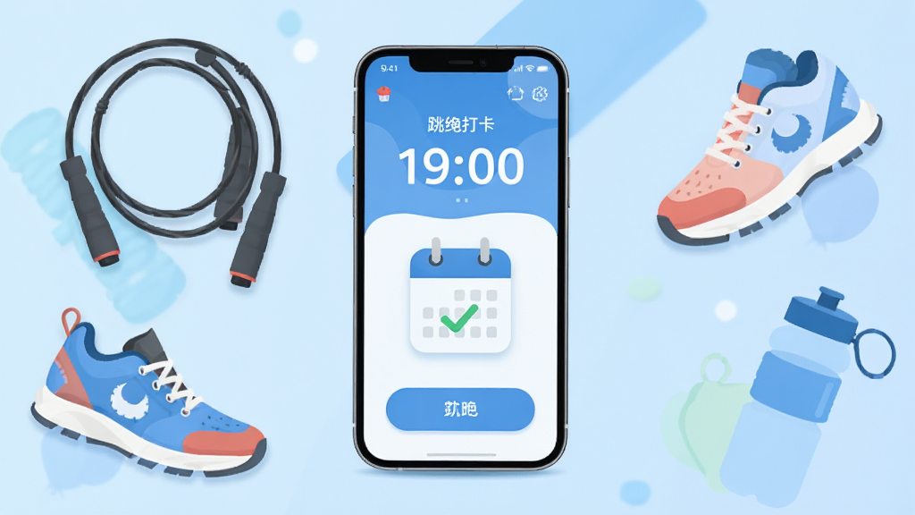 画面中央放置一部智能手机,屏幕显示跳绳天天打卡应用主界面,界面中有跳绳计数数字和打卡日历图标,手机周围环绕跳绳、运动鞋、水杯等健身元素,背景为浅蓝色渐变,布局采用居中对称构图,风格清新简约扁平化设计,细节包括界面按钮圆角处理和日历上打勾标记,画质清晰干净无多余元素
