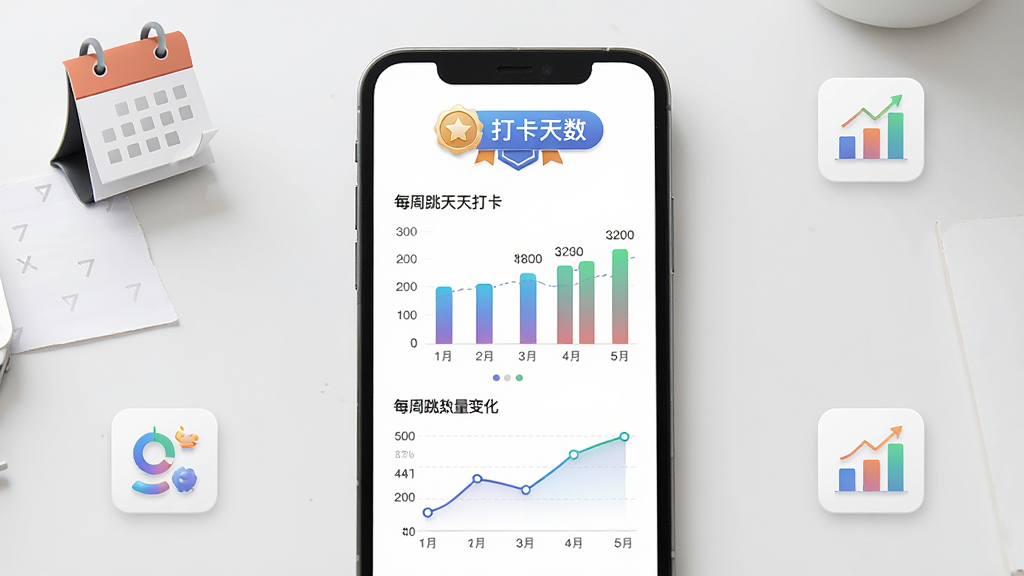 手机屏幕展示跳绳天天打卡的数据统计页面,包含柱状图和折线图展示每周跳绳数量变化,页面顶部有打卡天数徽章,手机放置在桌面中央,周围有日历和图表小图标点缀,布局为上下结构,风格商务简约,细节包括图表颜色渐变和数字标注,画质清晰锐利干净无冗余元素