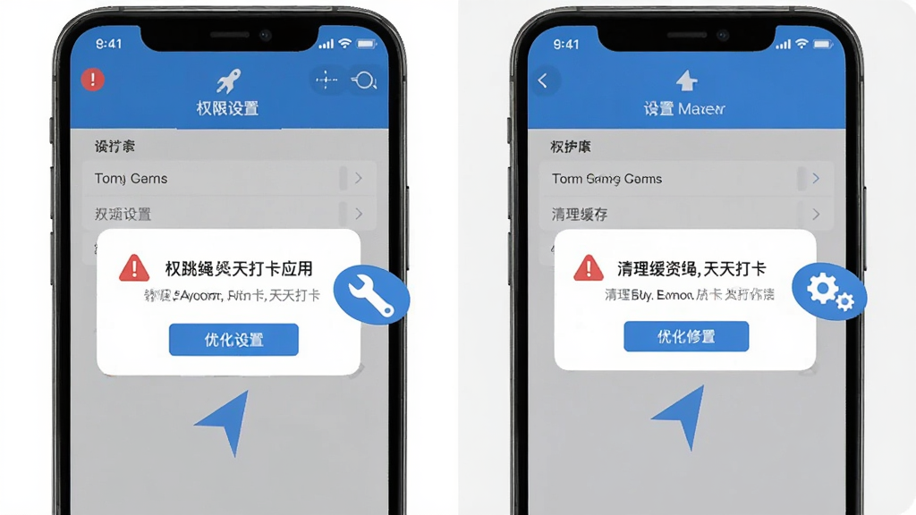 手机屏幕出现跳绳天天打卡应用的错误提示弹窗,旁边有扳手和齿轮图标代表设置与修复,画面分为左右两部分,左侧为权限设置界面截图示意,右侧为清理缓存操作示意,布局为对比式排版,风格扁平化信息图,细节包括红色警示图标和蓝色优化箭头,画质清晰干净无多余装饰