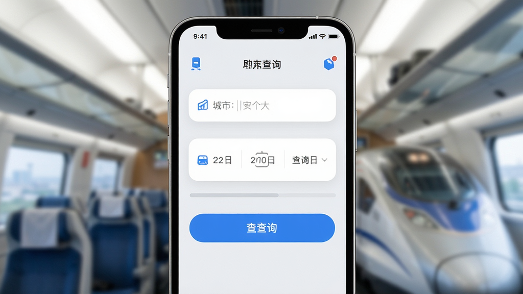 һ���ֻ�չʾ�����𳵹�Ʊ��ѯ��ҳ���棬��������Ϊ�ֻ��������棬��Ļ���г������������ѡ�������ѯ��ť�����־��жԳƣ����Ϊ����ǳɫ�ƶ��˽��棬ϸ�ڰ�����ɫͼ�ꡢǳ�ұ�����Բ������򣬻��������ɾ����޶���Ԫ��