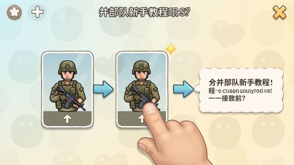 合并部队新手教程界面,画面中一只手正在拖拽两个士兵卡片进行合成,旁边有箭头指示与文字说明框,背景为浅色渐变,风格简洁友好,细节清晰,画质干净