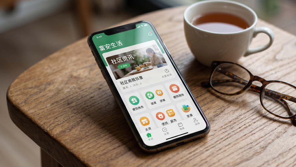 画面主体为一部智能手机,屏幕中展示“富安生活”应用首页界面,界面包含社区资讯卡片与便民服务图标;手机放置在木质桌面上,旁边有一杯茶和一副老花镜;布局为居中构图,手机略微倾斜;风格为写实生活摄影风;细节包括屏幕反光自然、桌面纹理清晰、背景虚化柔和;画质高清,干净整洁,无多余元素