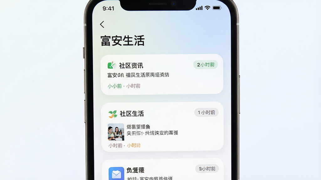 画面主体为手机屏幕特写,显示“富安生活”社区资讯列表页面,条目清晰排列;布局为手机居中、屏幕内容占画面主要位置;风格为简洁科技感;细节包括列表卡片圆角设计、时间标签明显、背景为浅色渐变;画质清晰,干净利落,无多余元素