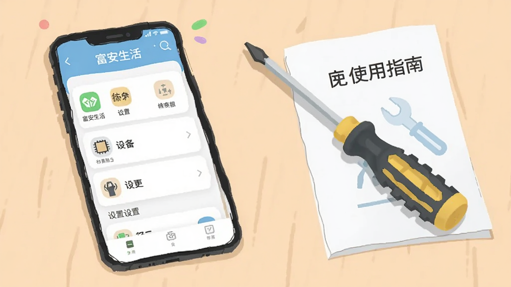 画面主体为手机屏幕显示“富安生活”应用设置页面,旁边放置一把螺丝刀与说明书,象征使用指南;布局为手机与工具并排,桌面整洁;风格为扁平化插画风;细节包括设置选项图标清晰、工具线条简洁、配色柔和;画质清晰,干净无多余元素