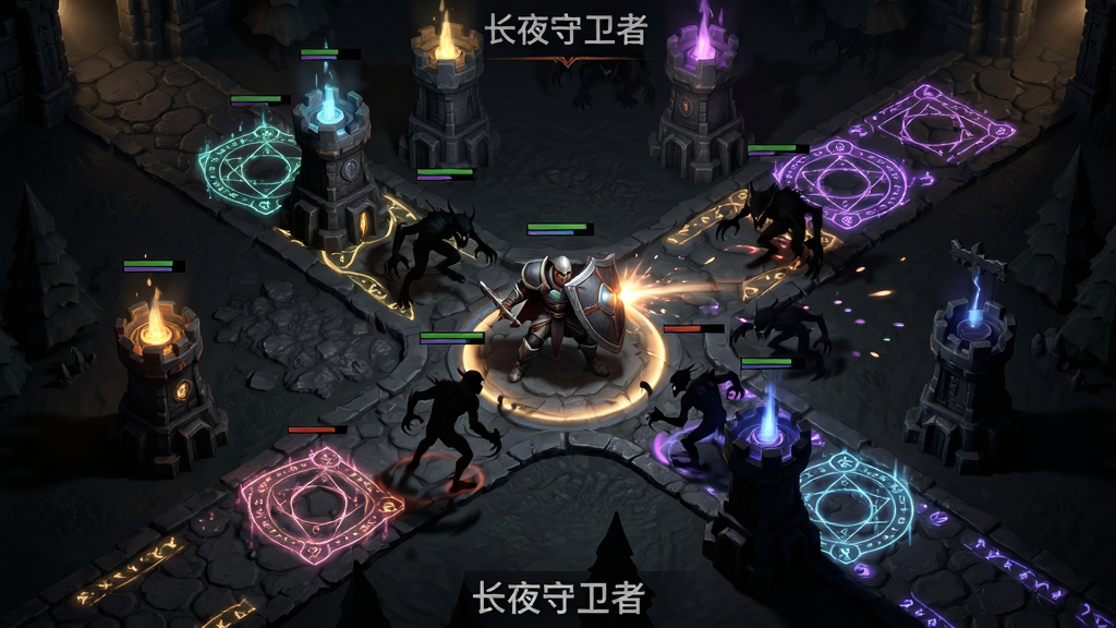 画面主体为暗黑奇幻风格的游戏战斗场景,多条路径上分布着发光的防御塔与法阵,中央有一位持盾英雄正在释放技能,四周是暗影怪物;布局为俯视45度角策略视角,画面层次分明;风格为暗黑塔防游戏概念图;细节包括塔防光效、怪物轮廓、地面纹理与技能粒子;画质高清,干净,无多余元素,画面中可出现