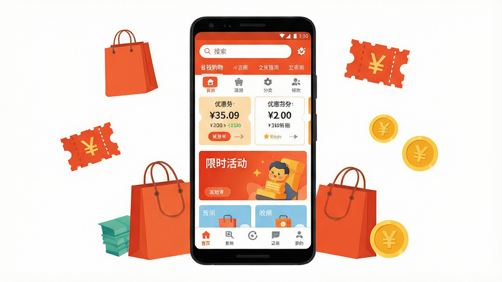 手机应用商店风格展示图,画面中央是一部竖屏安卓手机,屏幕内呈现省钱购物类应用首页,顶部有搜索框与分类入口,中间是优惠券卡片与限时活动横幅,底部为功能导航栏,手机周围环绕购物袋、优惠券、金币等扁平化图标,整体采用明亮橙红色调,布局居中对称,风格为现代扁平UI插画,细节干净清晰,画质高清,无多余装饰元素