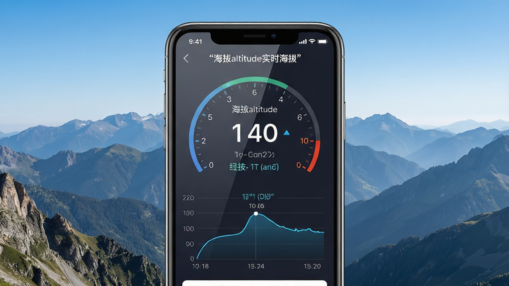 主体为一部智能手机,屏幕上显示海拔altitude实时海拔软件的仪表盘界面,包含海拔数字、经纬度坐标和气压曲线;布局为手机居中放置,背景是层叠的山峦与蓝天;排版突出手机屏幕内容,周围留白干净;风格为写实科技风,光线明亮自然;细节上屏幕反光适度,山体纹理清晰,界面文字用引号标注“海拔altitude实时海拔”;画质高清,干净,无多余元素