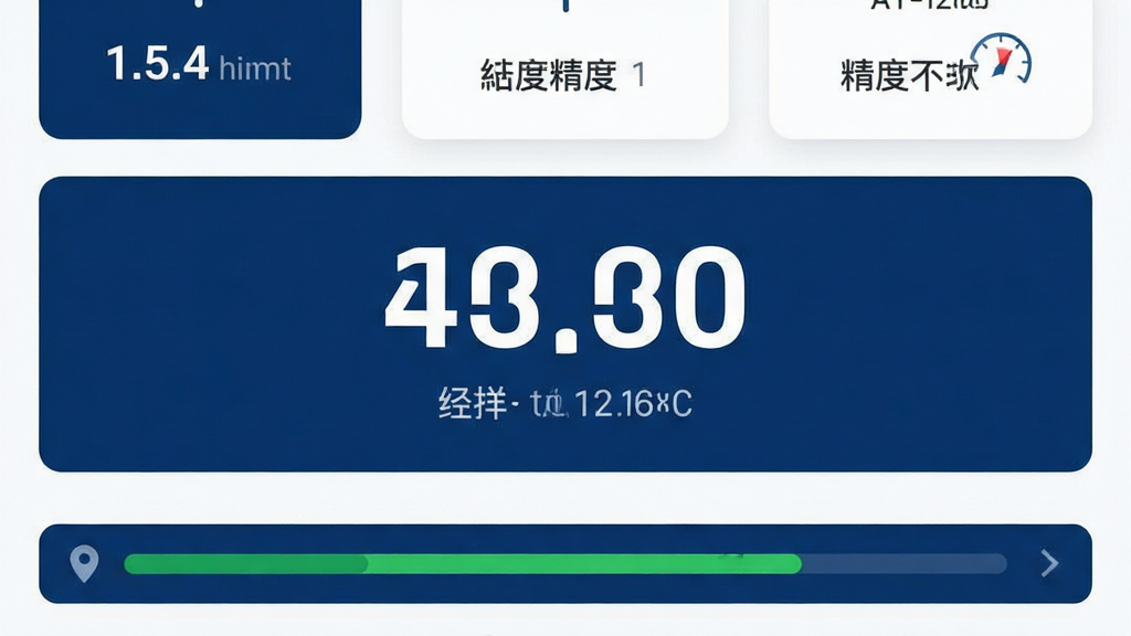 主体为海拔altitude实时海拔软件的数据展示页面,画面中央是大号海拔数字和经纬度信息;布局为上下分层,上方是数值卡片,下方是定位状态条;排版简洁留白充分;风格为扁平化UI设计,配色以深蓝与白色为主;细节上数字清晰锐利,状态条带有绿色精度指示;画质高清,干净,无多余元素