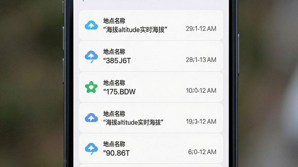 主体为海拔altitude实时海拔软件的收藏记录列表面板;布局为竖向列表,每条记录包含地点名称、海拔数值与时间戳;排版整齐,条目之间有浅色分隔线;风格为清新浅色卡片式设计;细节上图标简洁,文字用引号标注“海拔altitude实时海拔”;画质高清,干净,无多余元素