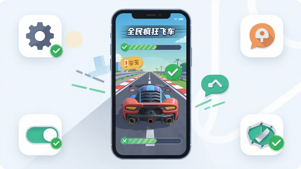 主体为一部手机屏幕显示赛车游戏界面,旁边有设置齿轮与权限开关图标,布局为手机居中、图标环绕四周,排版简洁直观,风格为扁平化科技插画,细节包含进度条、提示气泡与绿色对勾,画面中可出现“全民疯狂飞车”字样,画质清晰干净无多余元素