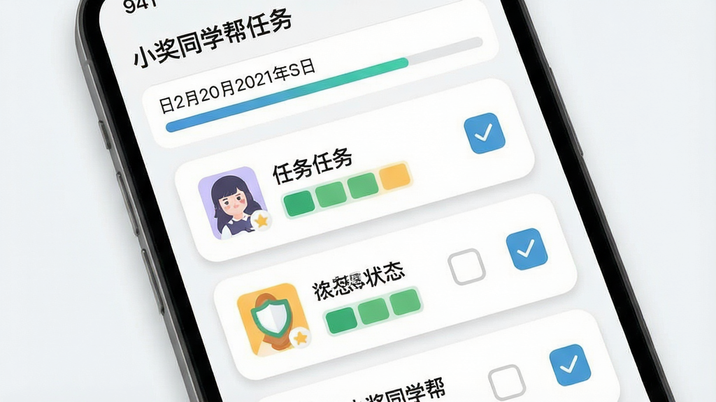 一张手机屏幕特写图,画面主体为“小奖同学帮”任务面板界面,面板上排列着多张圆角任务卡片,每张卡片左侧有图标、右侧有状态勾选框,顶部有日期和进度条,布局为纵向列表,风格为现代扁平化设计,细节包括浅色阴影、清晰字体和状态色块,画质干净,无多余元素