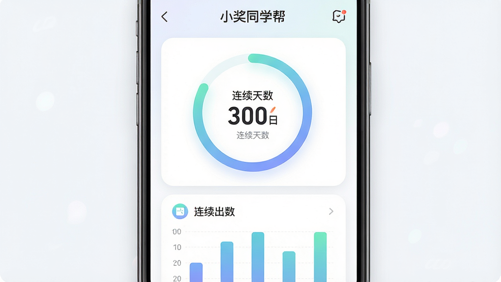 一张手机应用统计页面展示图,画面中央为“小奖同学帮”进度统计界面,包含环形进度图、连续天数数字和柱状图,布局为上中下三块区域,风格为清爽浅色系,细节包括渐变填充、圆角卡片和简洁图标,画质清晰,画面干净,无多余元素