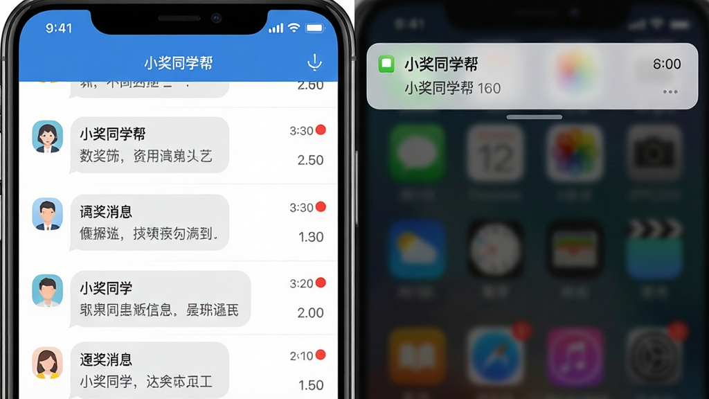 一张手机通知栏与应用界面的组合展示图,画面左侧为“小奖同学帮”应用内消息列表,右侧为手机顶部通知横幅,布局为左右分栏,风格为简洁商务风,细节包括消息气泡、时间戳和未读红点,画质清晰,画面干净,无多余元素