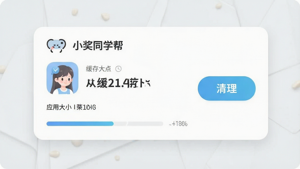 一张手机存储空间管理界面示意图,画面中央为“小奖同学帮”应用信息页,显示应用大小和缓存占用数字,旁边有清理按钮,布局为卡片式信息展示,风格为浅灰质感极简风,细节包括进度条、数字标签和圆角按钮,画质干净,无多余元素