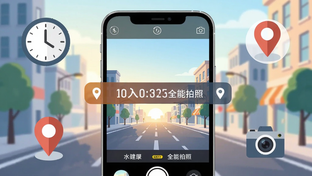 画面中央展示一部智能手机,手机屏幕上显示水印相机打卡全能拍照的拍摄界面,画面中有一个醒目的时间地点水印条,背景是清晨的城市街道,手机周围环绕着时钟图标、定位图标和相机图标,整体采用扁平化插画风格,色调清新明亮,布局简洁居中,画质清晰干净,无多余元素