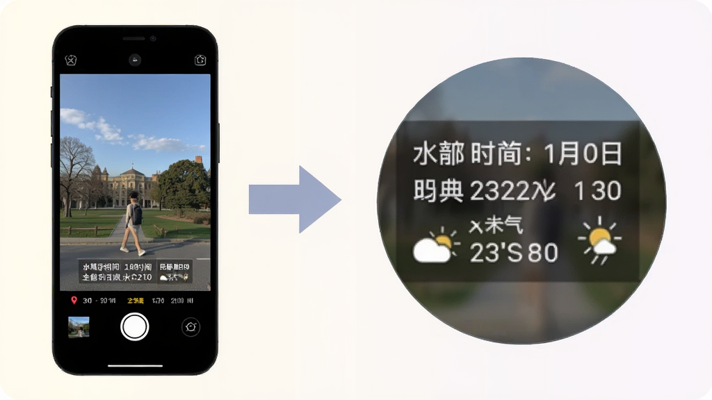 水印相机打卡全能拍照功能展示图,画面左侧为手机拍摄界面带有地点水印,右侧为放大的水印细节展示包含时间日期地点天气信息,中间用箭头连接,风格扁平化信息图,配色柔和,布局左右对称,画质清晰,无杂乱元素