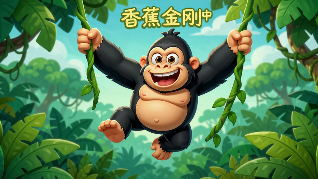 卡通大猩猩在丛林藤蔓间跳跃,背景是层叠的热带雨林树冠,画面中带有