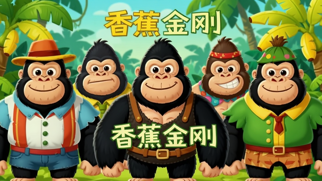 多只不同造型的卡通大猩猩排成一排,每只穿着不同风格的服饰,背景是热带丛林和香蕉树,画面中央写有