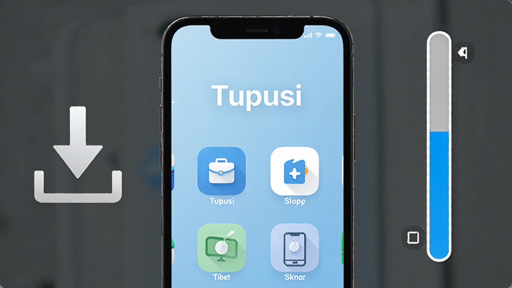 手机屏幕中央展示Tupusi应用主界面,界面简洁,顶部显示软件名称Tupusi,下方排列功能图标,背景为浅蓝色渐变,整体风格清爽现代,手机两侧有下载箭头和安装进度条元素,画质清晰,干净无多余元素