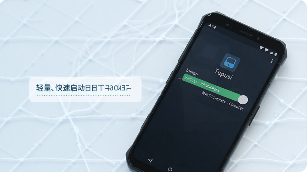一部安卓手机正在安装Tupusi应用,屏幕上显示安装进度条即将完成,旁边有轻量、快速启动的文字标签,背景为科技感浅色网格,画面干净明亮,突出安装便捷的主题