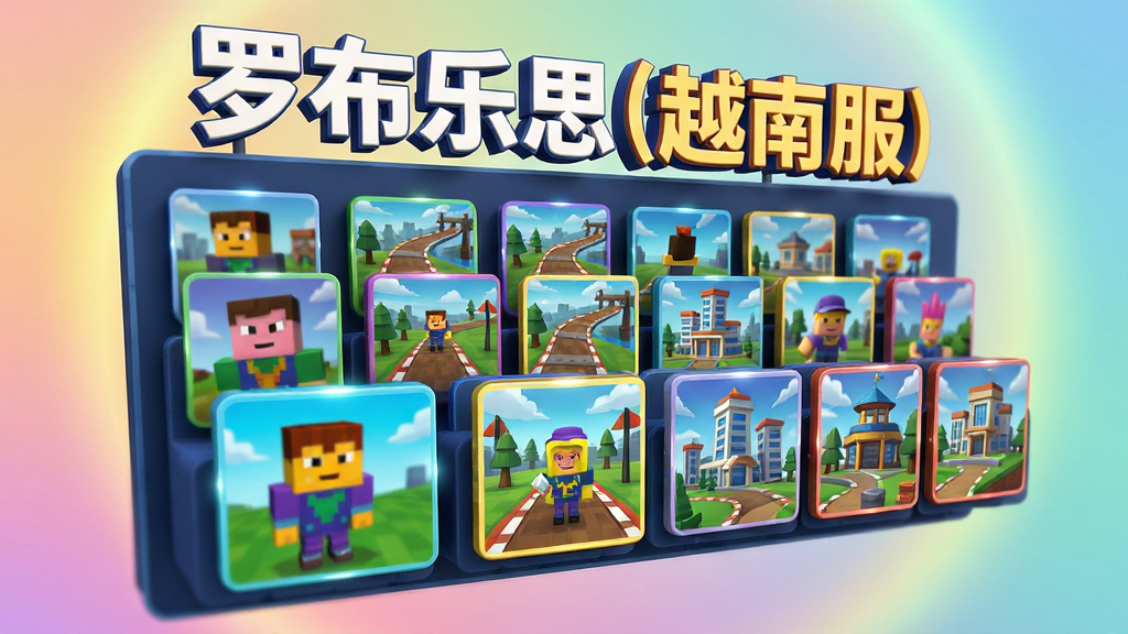 主体为一块悬浮的虚拟内容展示墙,墙上排列着多张不同风格的游戏场景卡片,卡片内含方块风格角色、赛道、建筑等元素;布局采用透视网格排列,卡片由近及远层次分明;排版上软件名称“罗布乐思(越南服)”以立体字形式置于展示墙顶部;风格为活泼的3D卡通渲染;细节包括卡片边缘高光、轻微景深虚化、背景渐变光晕;画质清晰,画面干净,无多余元素
