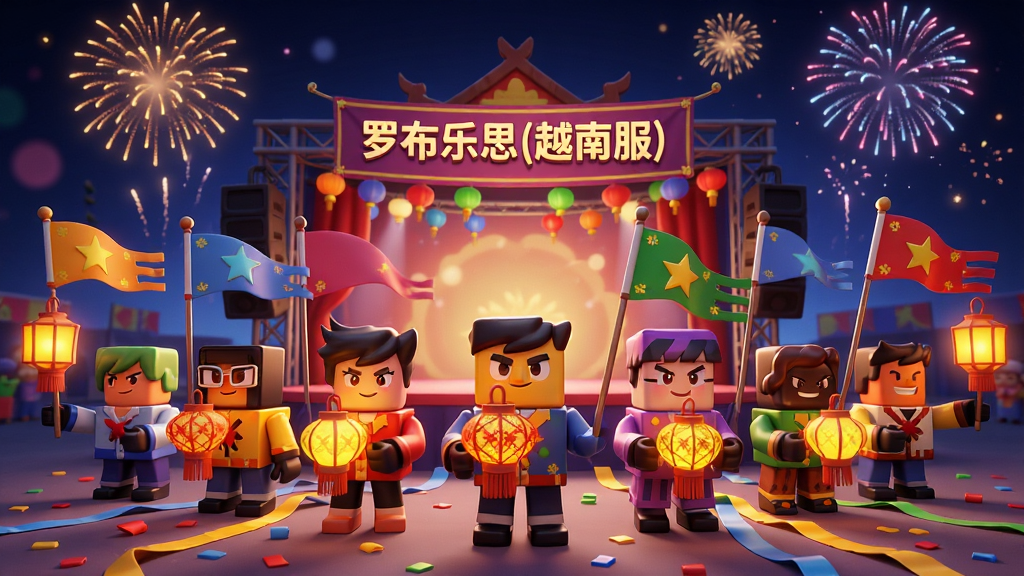 主体为节日庆典场景中的方块角色群像,角色手持越南传统灯笼与彩旗,背景有舞台和烟花;布局采用中心对称构图,角色环绕舞台分布;排版上软件名称“罗布乐思(越南服)”以横幅形式悬挂于舞台上方;风格为喜庆的3D卡通渲染;细节包括灯笼发光效果、烟花粒子、地面彩带;画质高清,画面干净,无多余元素