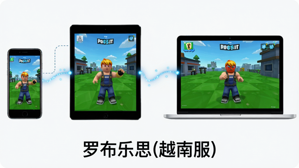 主体为多台设备并排展示,包括手机、平板和笔记本,各屏幕显示同一罗布乐思(越南服)游戏画面中的不同视角;布局采用横向一字排开,设备之间用虚线连接表示数据同步;排版上软件名称“罗布乐思(越南服)”置于画面底部居中;风格为简洁的科技示意图风格;细节包括屏幕内角色动作一致、连接线有流动光点;画质清晰,画面干净,无多余元素