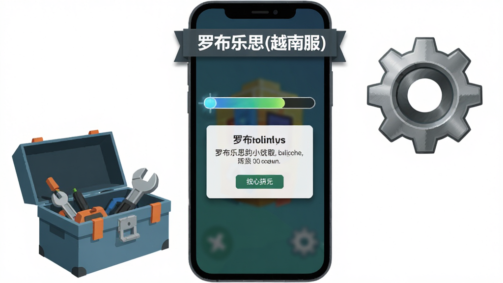 主体为一部手机屏幕显示罗布乐思(越南服)安装进度条与权限开启提示弹窗,旁边放着一个打开的工具箱和齿轮图标;布局采用手机居中、工具箱居左下、齿轮居右上的三角构图;排版上软件名称“罗布乐思(越南服)”以提示条形式出现在屏幕顶部;风格为扁平化教程插画风;细节包括进度条光效、弹窗阴影、齿轮金属质感;画质清晰,画面干净,无多余元素